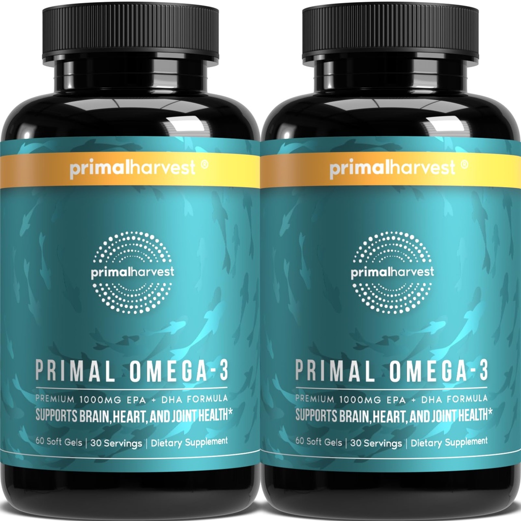 Suplemen Minyak Ikan Bayaran Primal Omega 3, 30 Pelayan Gels Soft Capsules w / 1000mg EPA + DHA Suplemen, Tidak Ada Ikan Burps Non- GMO Omega 3 Fatty Acid, 2 Pack