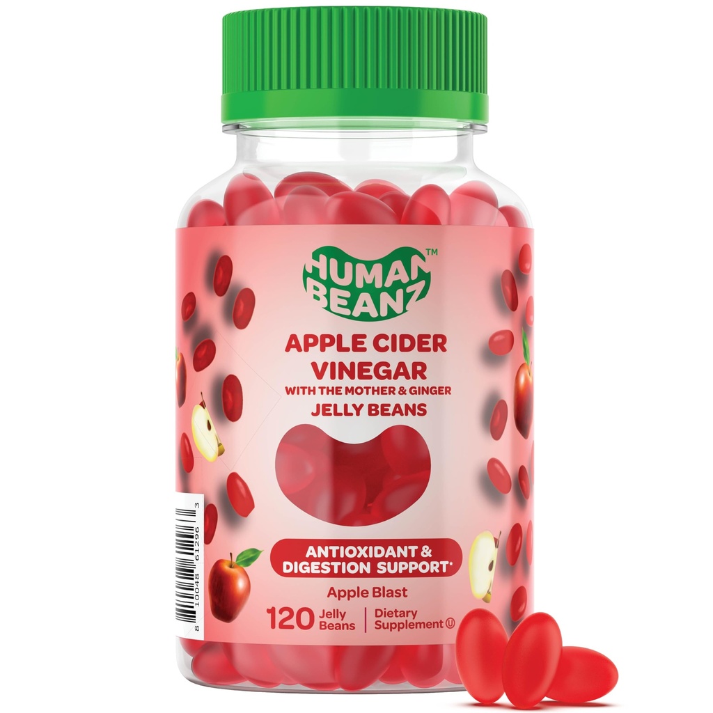 Apple Cider Vinegar Jelly Bean Gummies with The Mother and Ginger, Vegetarian Dietary Suplemen untuk Men and Women, Digetical Health Support, 120 Apple Blast Jelly Beans, Kosher