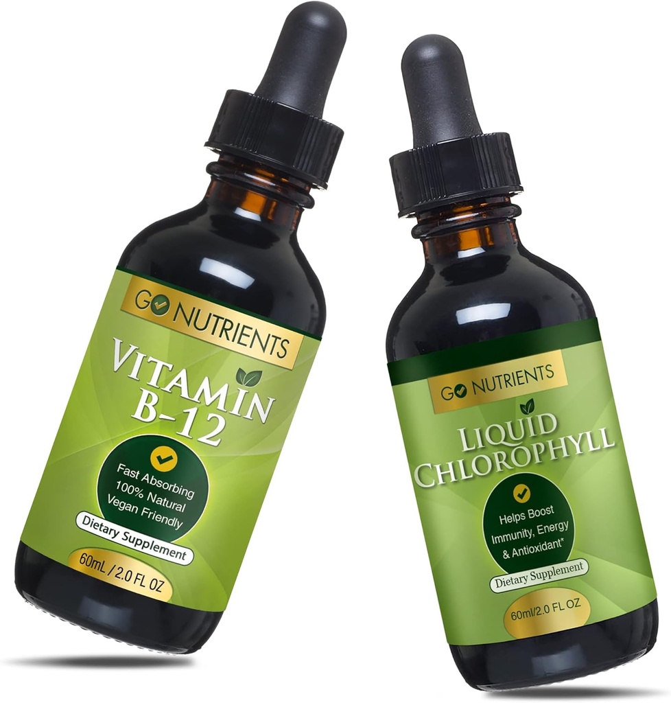 Go Nutrients Vitamin B12 2 oz & Liquid Chlorofil 60 ml GMO Free, Vegan Friendly, Gluten Free, Soy Free, Clorofil Vegan Friendly B12 Sublingual Sublingual Sublingual Sucg Methcolamin