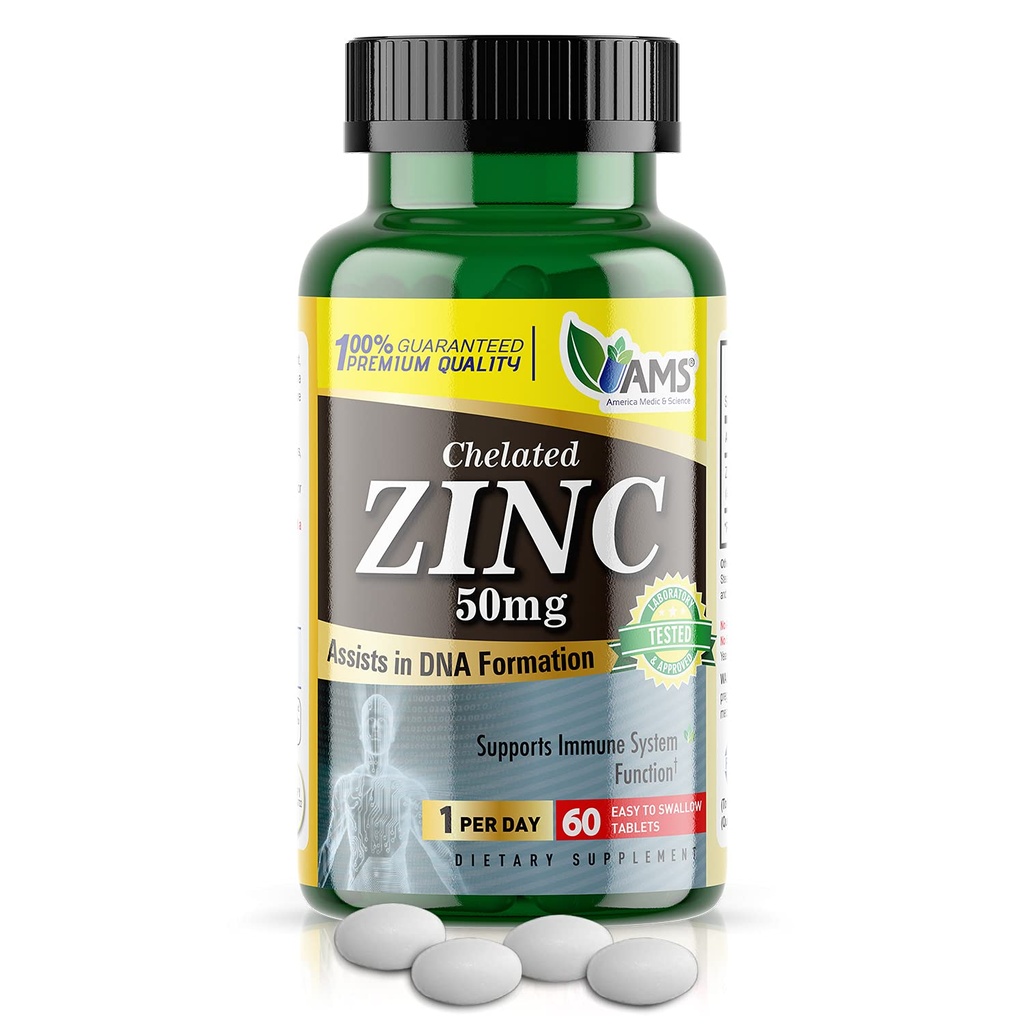 American Medic & Science Chlated Zinc 50 mg Suplemen (1 Pack of 60 Tablet) Ammune Booster dan Pil Antioksidant kuat untuk Pria dan Wanita Dewasa; Sangat Absorbable Mineral, Menimbulkan Mood & Sleep