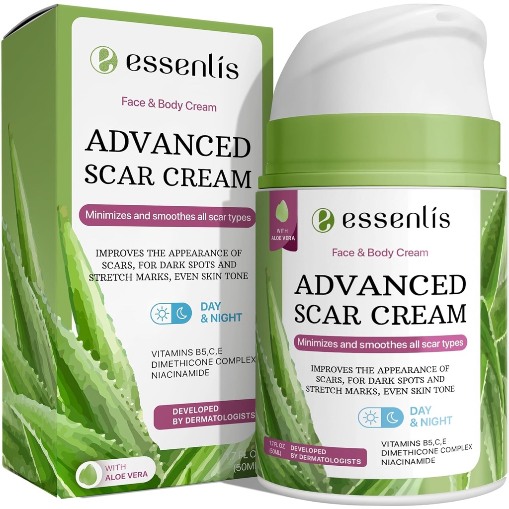 Scar Removal Cream for Women & Men, Rapid Repair of New Old Scar, Spots, Burns All Natural Treatment with Vitamin E, B5, C, Aloe Vera, 1.7 Fl Oz