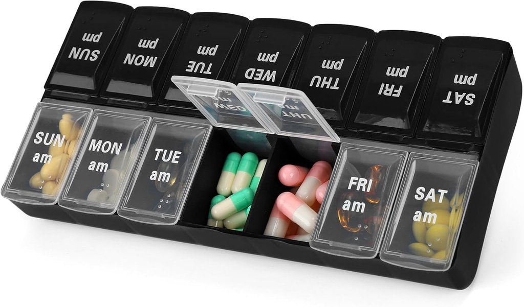 7 Hari Weekly AM PM Pill Organizer, 2 Kali Satu Hari Kotak Pil Besar untuk Pil Pil Pil Pil Pil Pil Pil Pil Obat-obatan Vitamin (Black + White, 2 Kali)