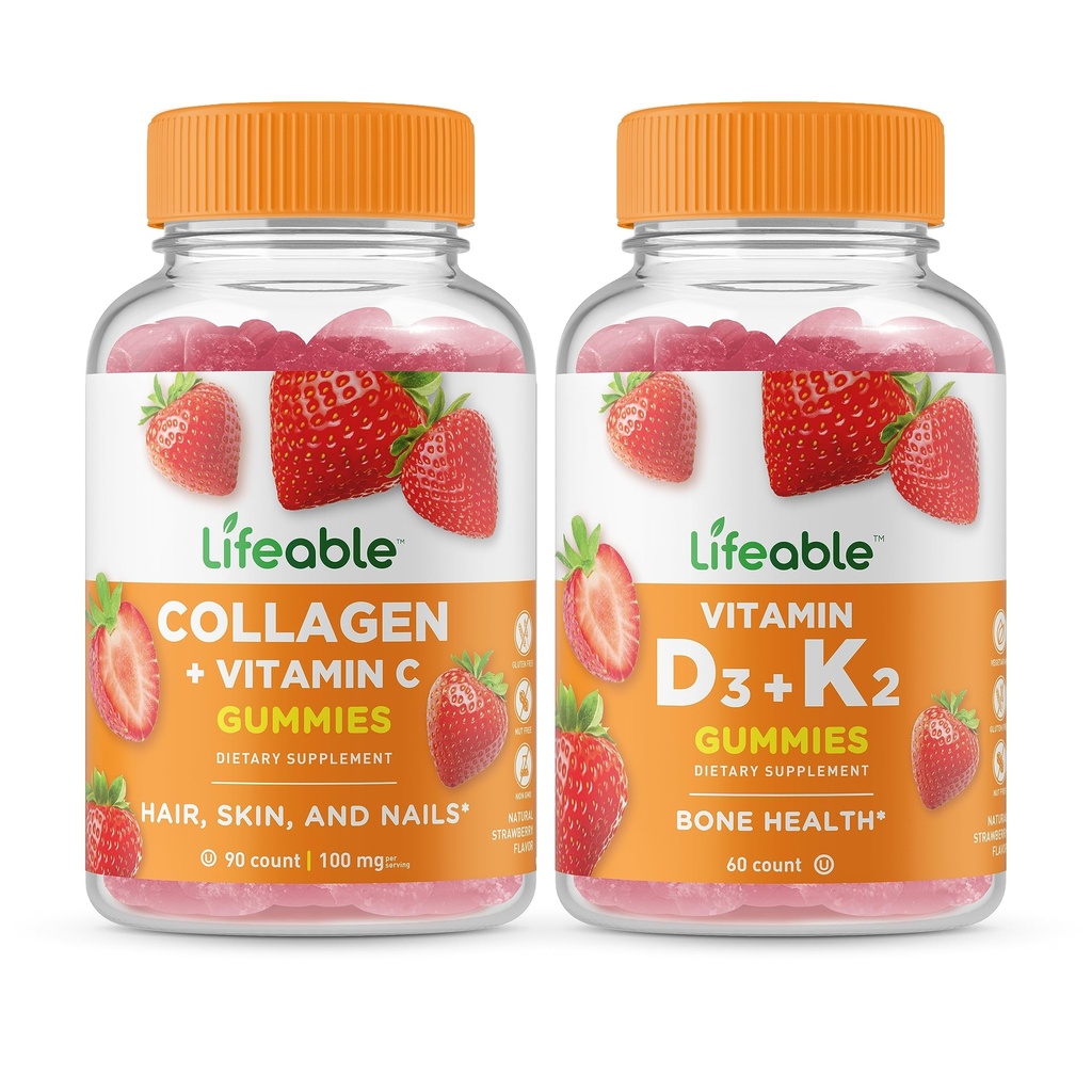 Lifeable Collagen & Vitamin C + Vitamin D3 + Vitamin K2, Gummies Bundle - Great Tasting, Vitamin Suplemen, Gluten Bebas, GMO Bebas, Gummy Chewable