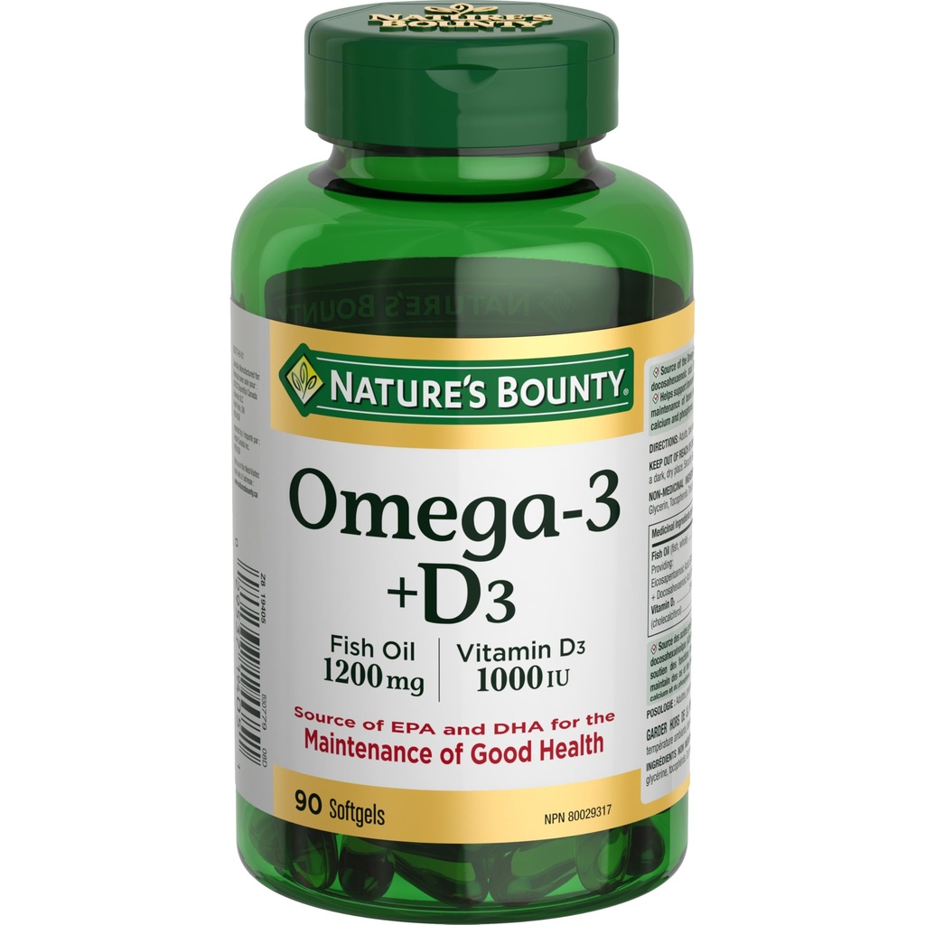 Nature 's Bounty Omega- 3 + D3 Fish Oil 1200mg / Vitamin D3 100lu 90 softgeels