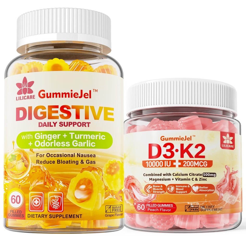 Vitamin D3 K2 Filled Gummies 5000IU / 10.000 IU dengan 500mg Kalsium, Magnesium Citrate, Vitamin C & Ginger Chews Suppplemen Gummies untuk Nausea, Stomach Relief