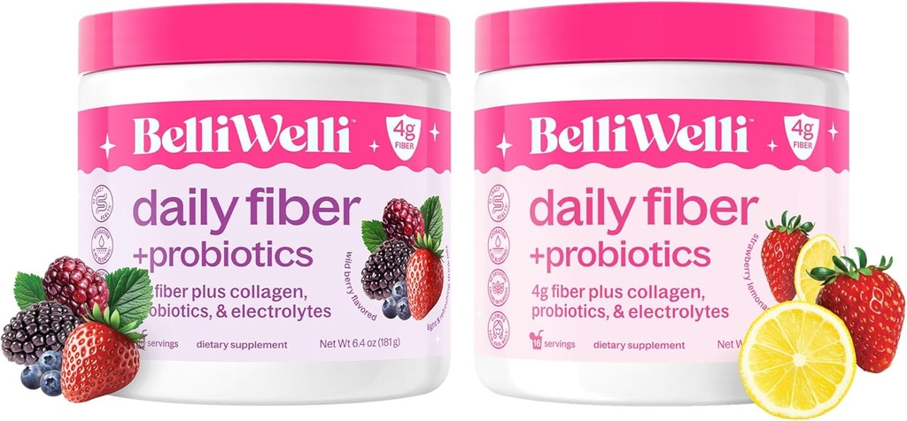 Belli Welli Daily Fiber Supplement Bundle with Collagen, Progetic & Electrolytes - Strawberry Lemonade & Wild Berry Flavors - Support Divalry, Gut Saldo, & Debloating - 32 Servings