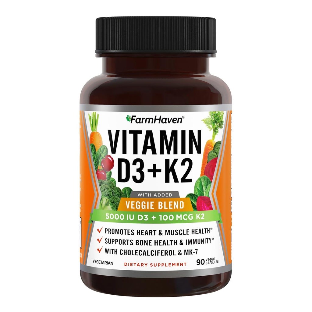 FarmHaven Vitamin D3 K2 Capsules - 5000 IU D3 dan 100 mcg K2 - Cholecalferol MK7 dengan Veggie Fruit Blend - Vitamin D K2 Suplemen Immune System & Heart Health - Vegetarian, Non-GMO, 90 Caps