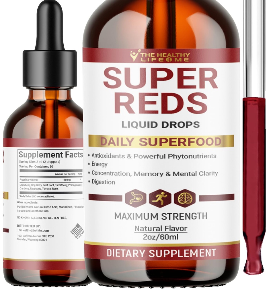 Liquid Super Reds Phytonutrient Superfood Drops: 124; Phytonutrient Blend berisi Polyphenols 124; Antioksidants & More 14; Great Taste 2oz - 30 Day Suppply