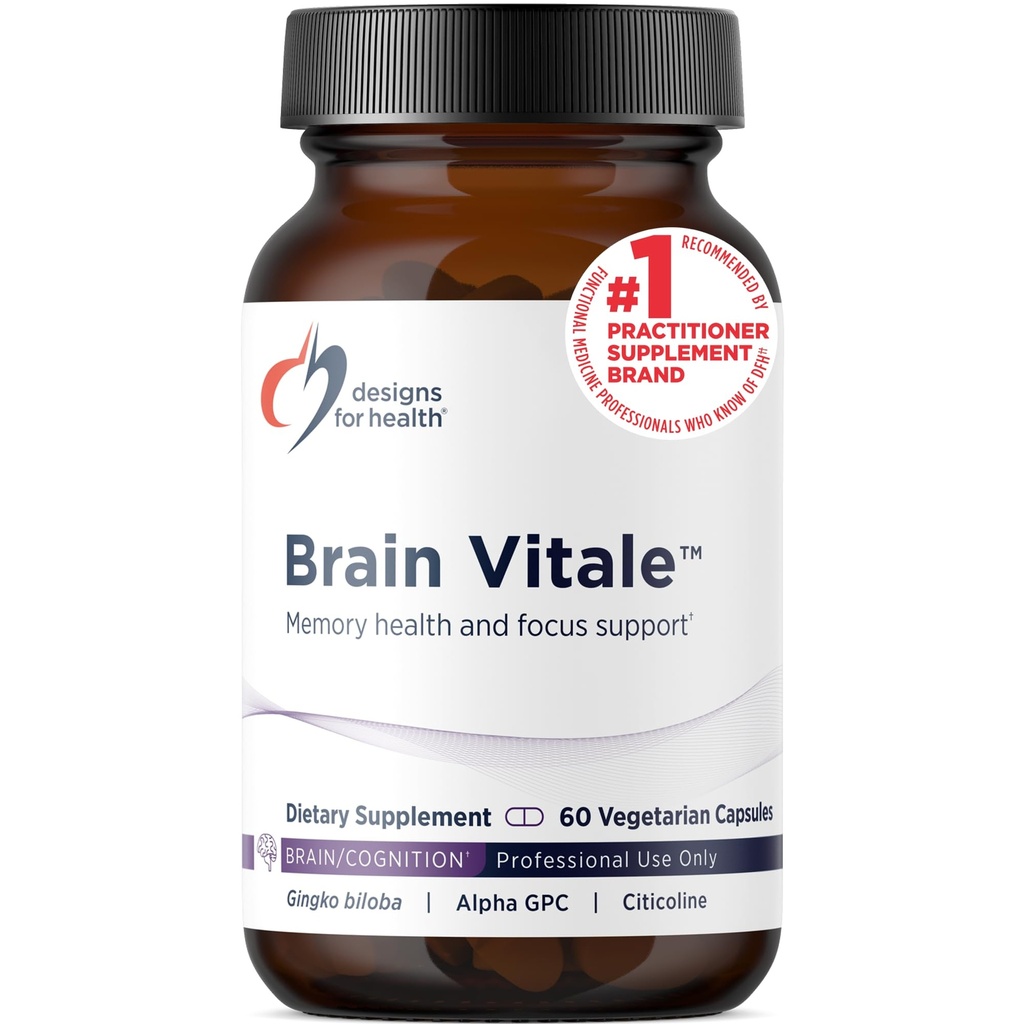 Design for Health Brain Vitale - Supports Focus, Memory, and Stress with Nootropic Blend of Chooline, Citicoline, Phoshatidyserine, Ginkgo Biloba, and Alpha GPC - Gluten Free, Vegan (60 Capsules)