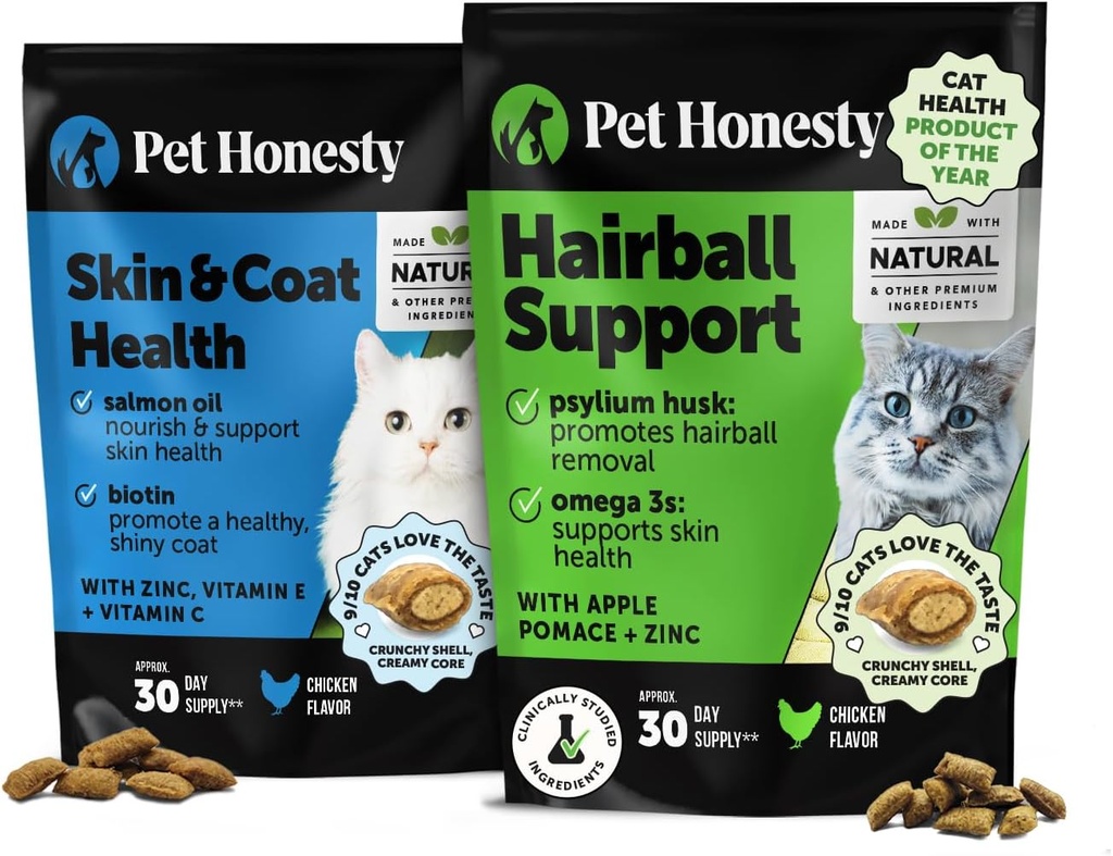 Cat Skin & Coat Health & Hairball Dukung Bundle: Omegas & Biotin Chews for Shiny Coat & Furball Remedy (Chicken 30- Day Suppply)