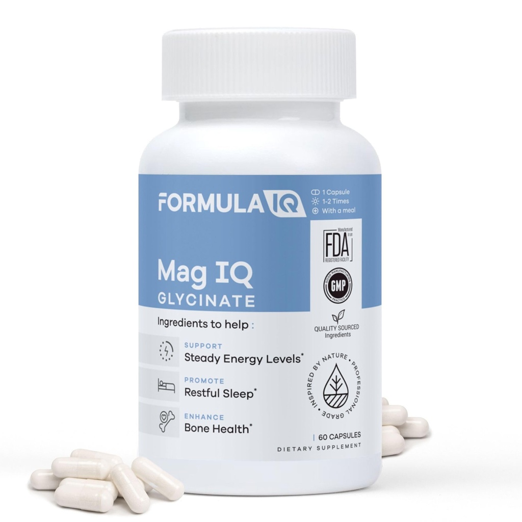 FIQ - Mag IQ Glycinate - Magnesium Bisglycinate Chelate TraACS - High Absorestic Magnesium Glycinate Suplemen - Tidur, Energi Harian, & Bone Wellness - 60 Capsules