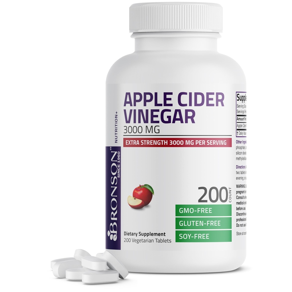 Bronson Apple Cider 3000 MG per Serving Ekstra Kekuatan - Non-GMO, 200 tablet Vegetarian