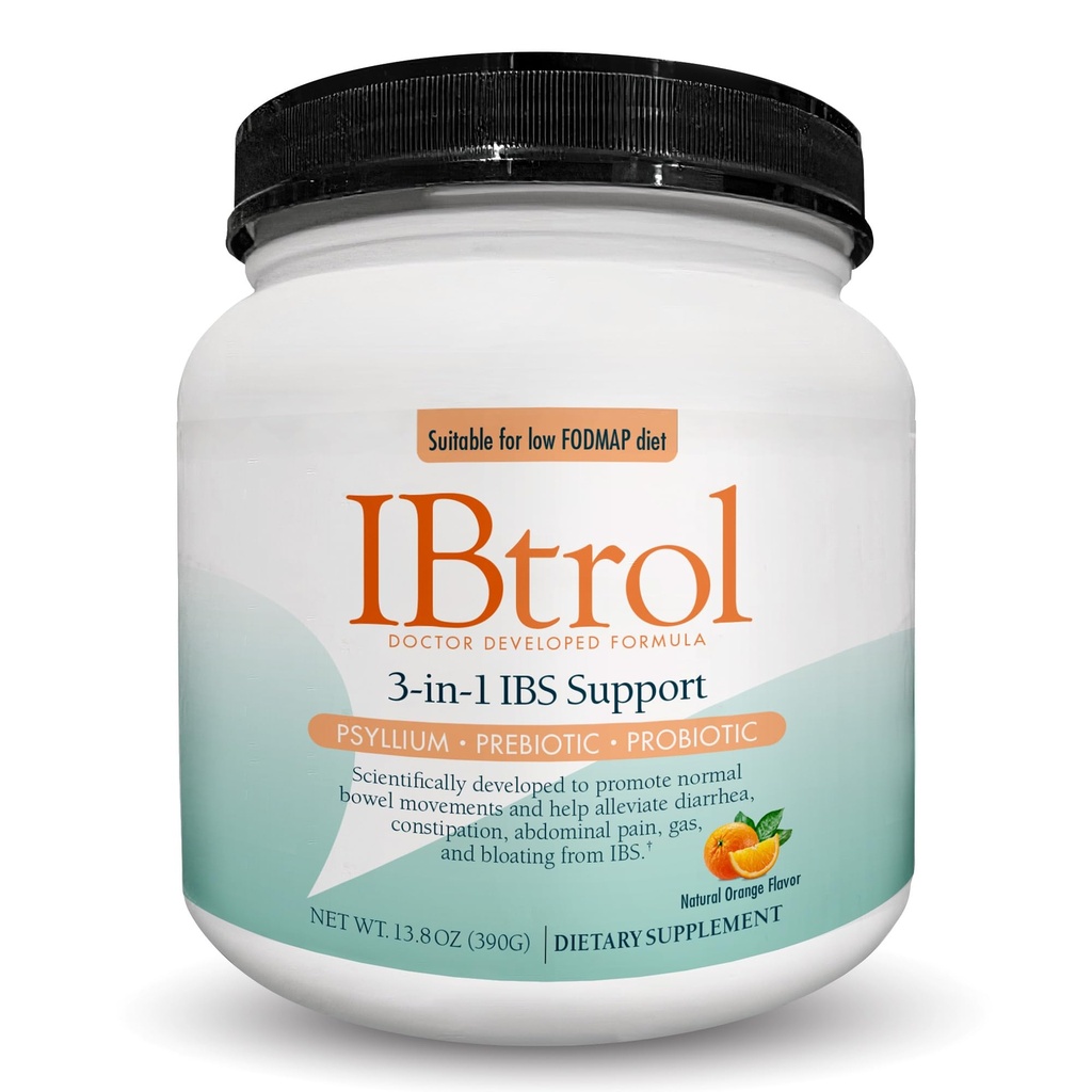 IBtrol £3-1 IBS Gut Suplemen Kesehatan dengan Psyllium, Prebiotic and Progities, Manage IBS Symptoms, Gas, Bloating, Diare, Constipation, Abdominal Pain 60 Servings (Natural Orange Flavor)