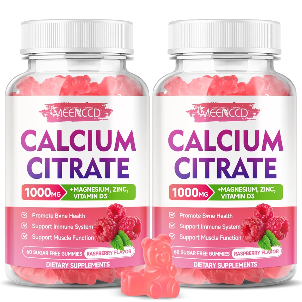 2 Paket Calcium Citrate Gummies 1000mg w / Vitamin D3, Absorpsi Tinggi Kalsium untuk Perempuan & Pria, Plus Magnesium, Posium, Zinc untuk Muscle & Imune, Raspberry Flavor, 120 Count