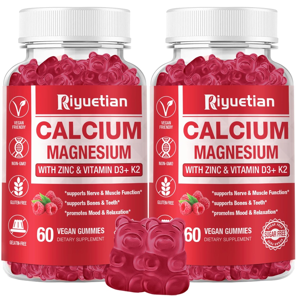 Kalsium Gummies + Magnesium & Zinc dengan Vitamin D3 & K2, Tambahan Absorpsi Tinggi Kalsium untuk Tulang, Gigi & Imune Dukungan, Non GMO, Vegan, 120 Cacah