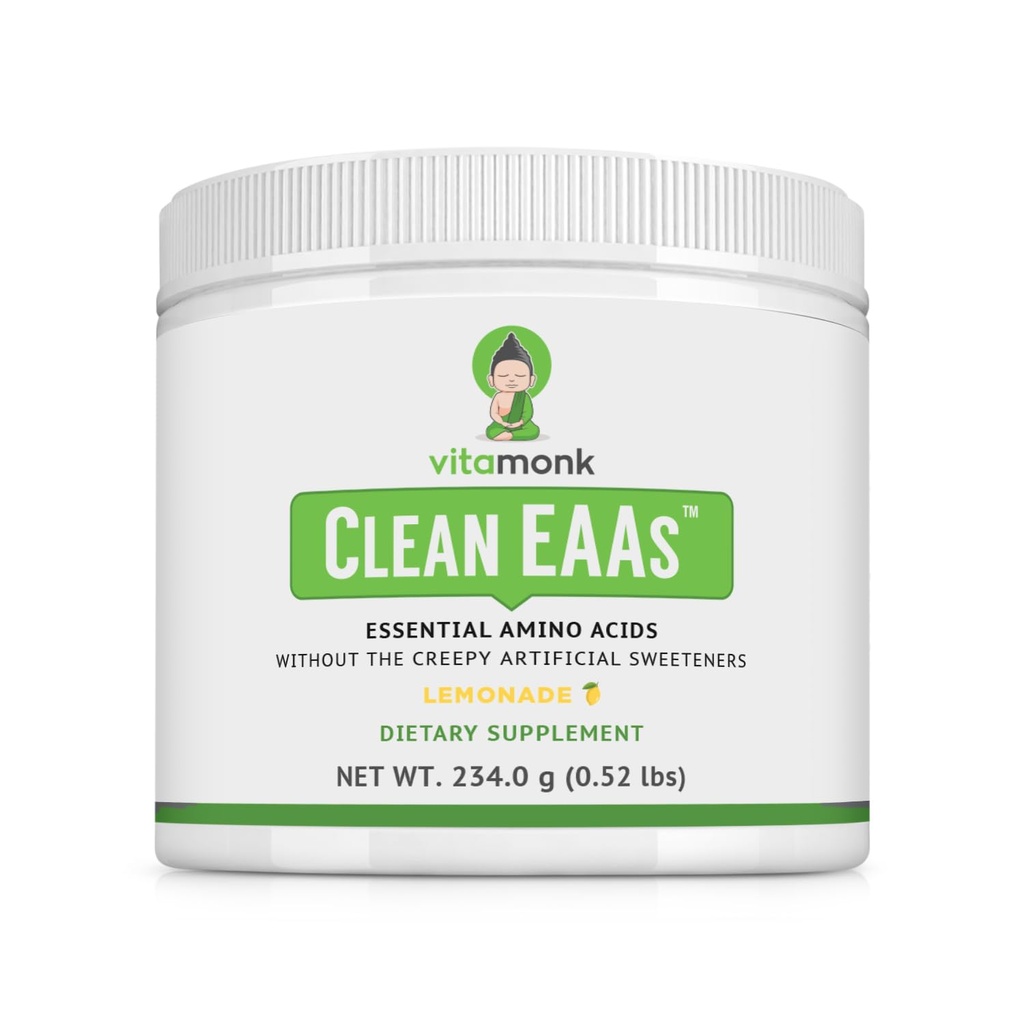 VitaMonk Clean EAA - EAA with No Artificial Sweeteners for Pre-Workout, Energy and Recovery - Max Bioavailable EA powder with 9 Escule Amino Acids - Natural Lemonade Flavor
