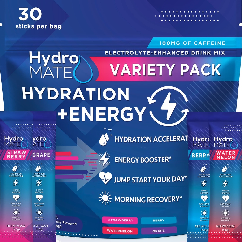 HydroMATE Electrolytes Powder Minum Mix Pack Hidration Akselerator Gula Rendah Favors untuk Rapid Recovery Vitamin C Plus Caffeine Variety Pack - 30 Count