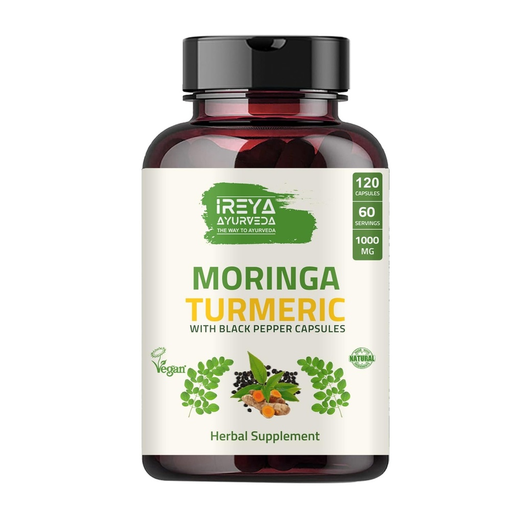 Organik Moringa Oleifera Powder & Turmeric Root Powder dengan Blackpepper 120 Capsules 124; dibuat dengan Organik Moringa, Turmeric dan Pepper Hitam 124; Vegan, Gluten- Free and Non-GMO.