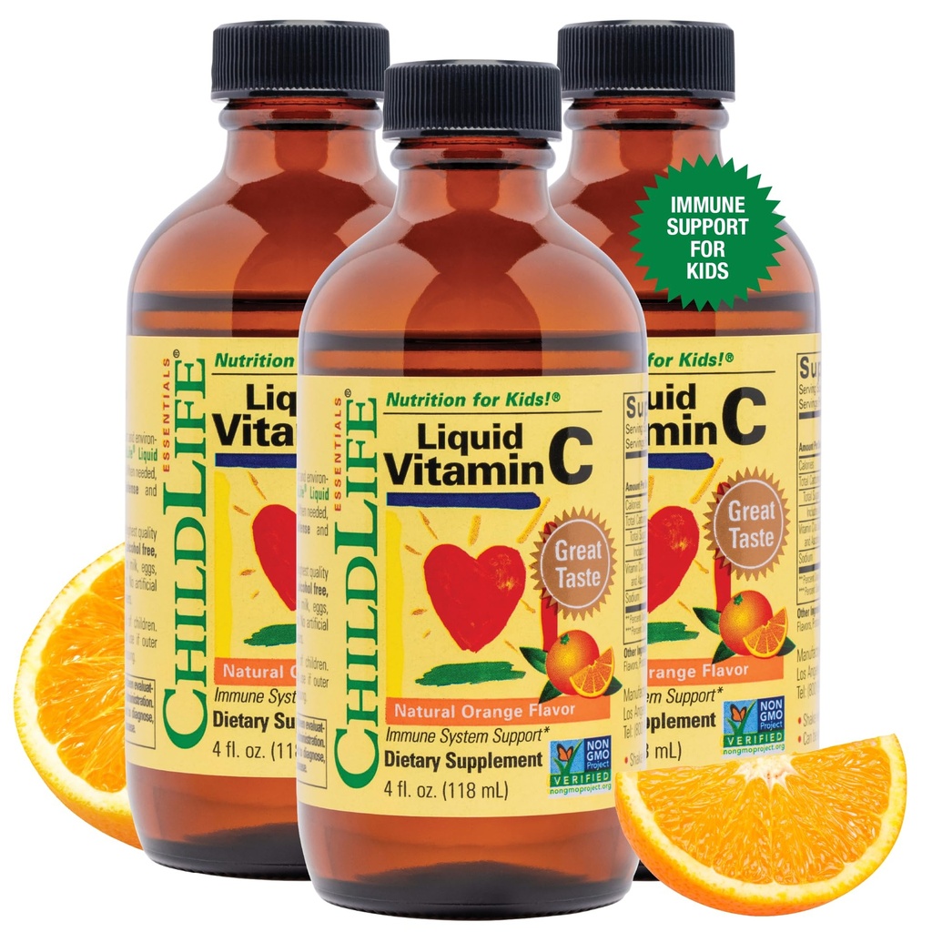 CHILDLIFE ESSENTIALS Liquid Vitamin C - Pure Vitamin C Liquid Suplement for Kids, Imune System Support, Great Taste - Natural Orange Flavor, 4 Fl Oz (Paket 3)