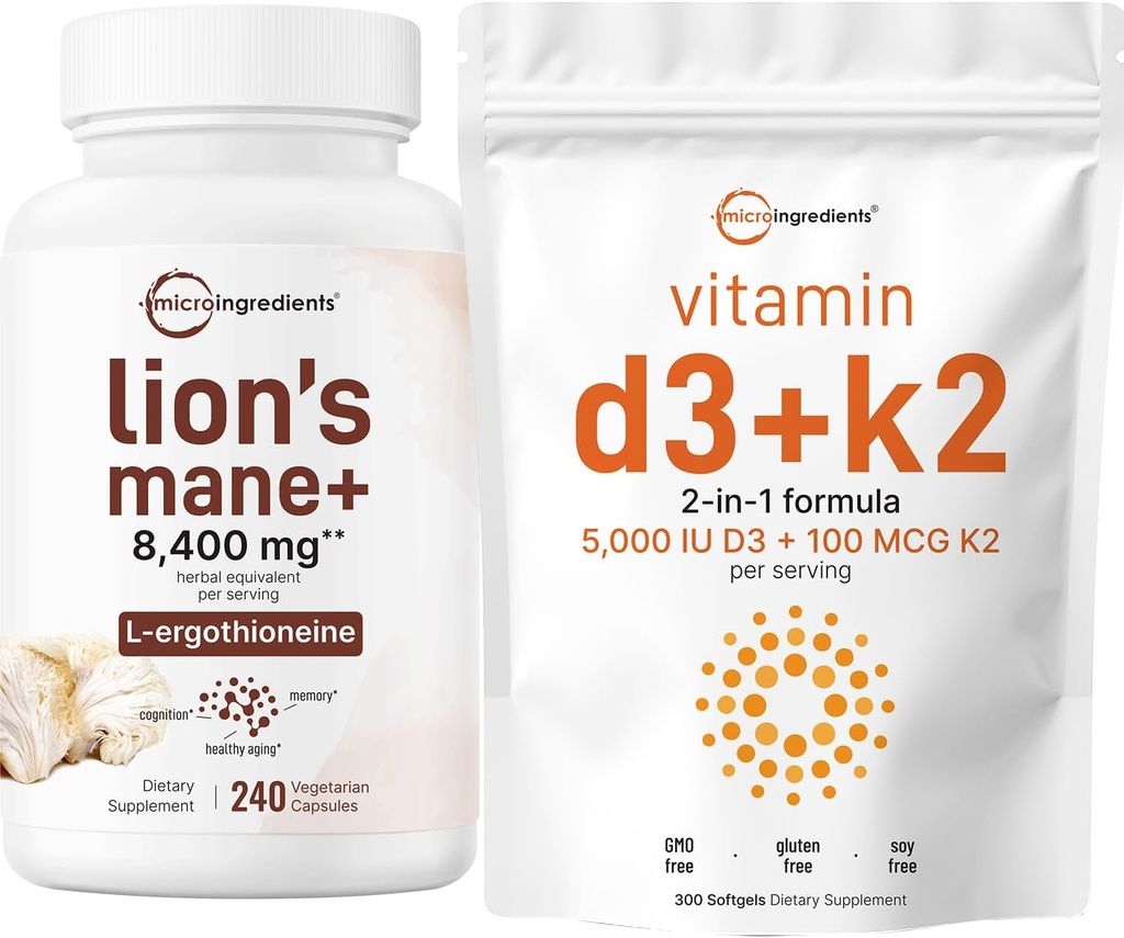 Mikro Ingrediens Vitamin D3 5000iu + K2 100mcg Softgels & Lions Mane Tambahan 240 Veggie Capsules Bundle 2 Paket 124; Estile Sunshine Vitamin 124; Mushroom Antioksidants Superfood dengan L- Ergothioneine