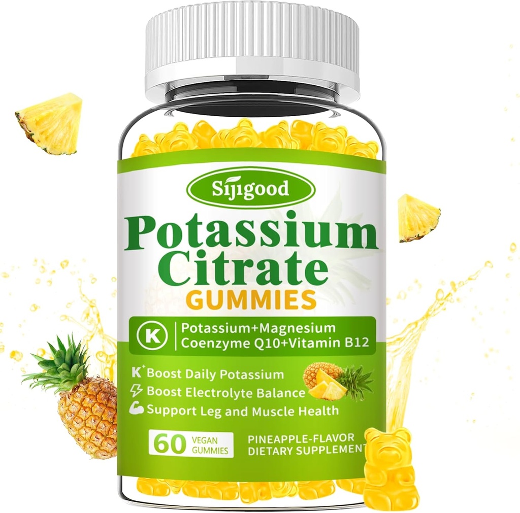Potasium Citrate Gummies - Tambahan Potency Potasium Tinggi untuk Kesehatan Muscle, Penjejakan Kram Kaki, Keseimbangan Elektrolit - Vegan, Non-GMO, Bebas, Pineapple Flavor, 60 Count