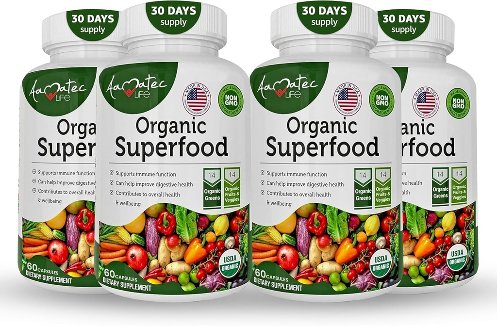 Organik Superfood Greens Fruits and Vegies Complex - Best Dietary Suplement with 14 Greens and 14 Fruits & Vegetable with Alfalfa & Antioksidant Organic Ingredices None-GMO 240 Capsules