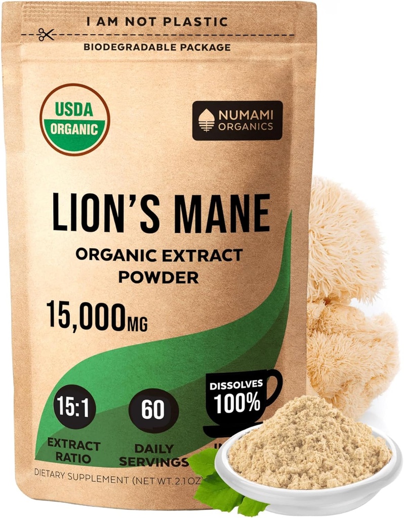 Numami Organic Lions Mane Mushroom Extract Powder 124; Ganda Ekstraksi untuk Potensi Tinggi 124; Mudah Dissolve dalam Daily Tea Coffee atau Smoothie ke Enhance Cognitive Fungsi