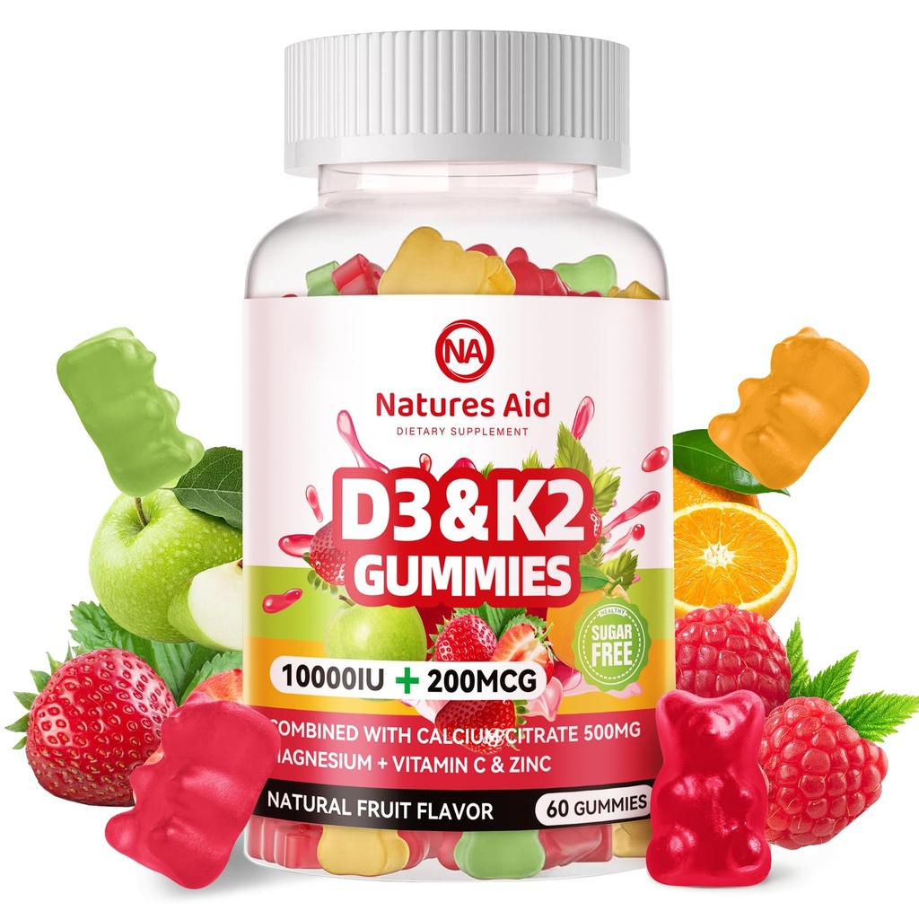 Nature Aid Sugar- Free Vitamin D3 K2 Gummies dengan Kalsium + K2 (MK-7), Magnesium Citrate, Vitamin C, Ekstra Kekuatan - Absorpsi Ultimate untuk Bone Muscle Teeth Imune, Vegan - 60 Gummies