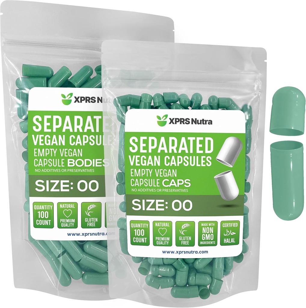 XPRS Nutra Vegan Ukuran 00 Terpisah Kapsul - 100 Count Premium Kosong Kapsul Terpisah di Bags - 00 Pil Kosong untuk Tambahan DIY (Sage Green)