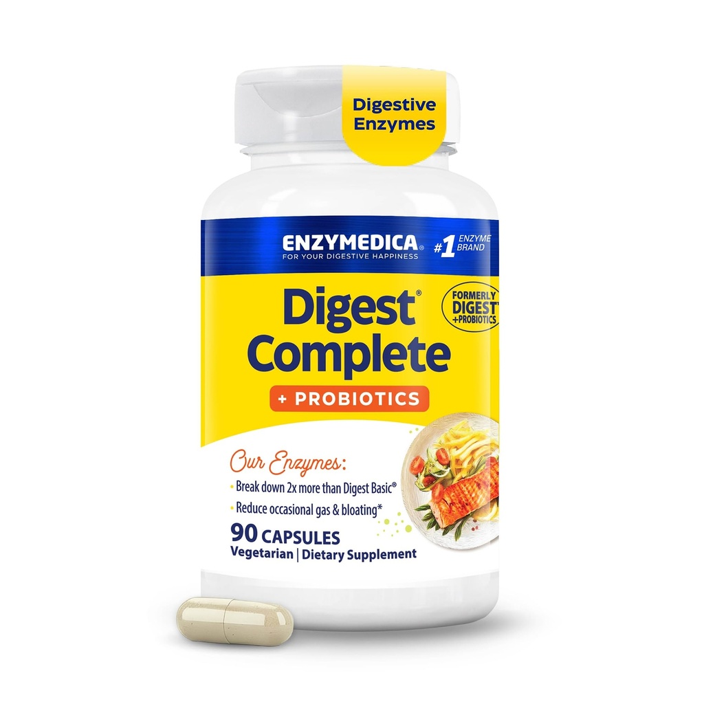 Enzymedica, Digest Complete + Prociple, Full- Range, Daily Enzymes with 800 Juta CFU Active Cultures per Capsule, 90 Kapsul