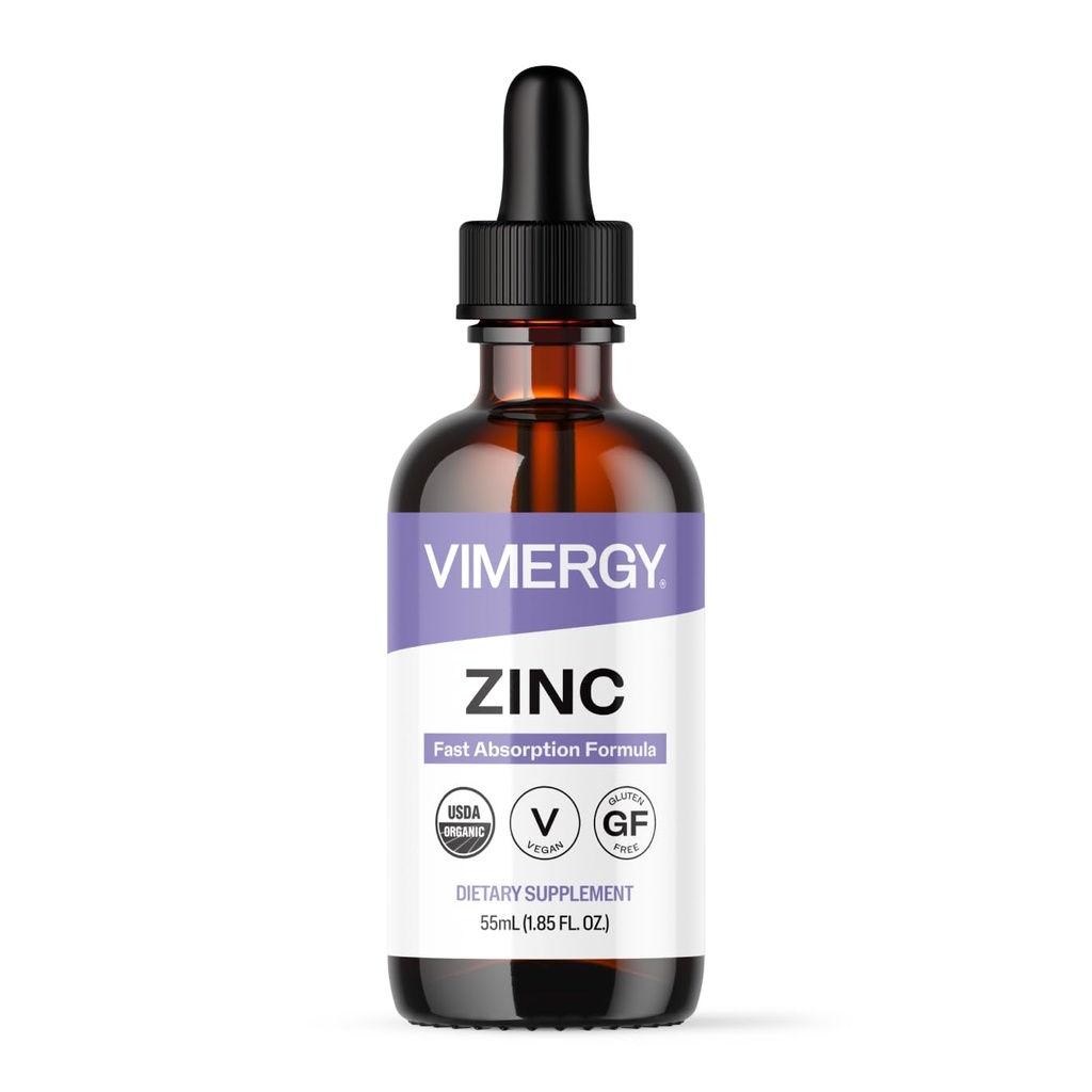 Suplemen Vimergy Organic Zinc untuk Perempuan & Men (7.5mg Liquid Zinc Per Serving) Dukungan Ammune, Promotes Healleal Bones & Skin, USDA Certifikasi Organik, Vegan, Sampai 27 Pelayan (55 mL)