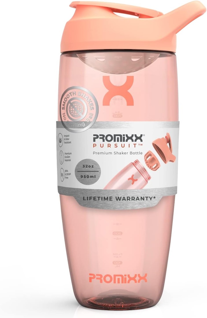 Prox Pursuit Protein Shain Shaker Bottle (32 oz) - Silent No-Ball Mixer, Leak- Providence Lid, BPA / BPS & Phthalate- Free ECOZEN - Easy- Clean Shaker Cup for Protein Shakes, Pre & Postout Smoothies