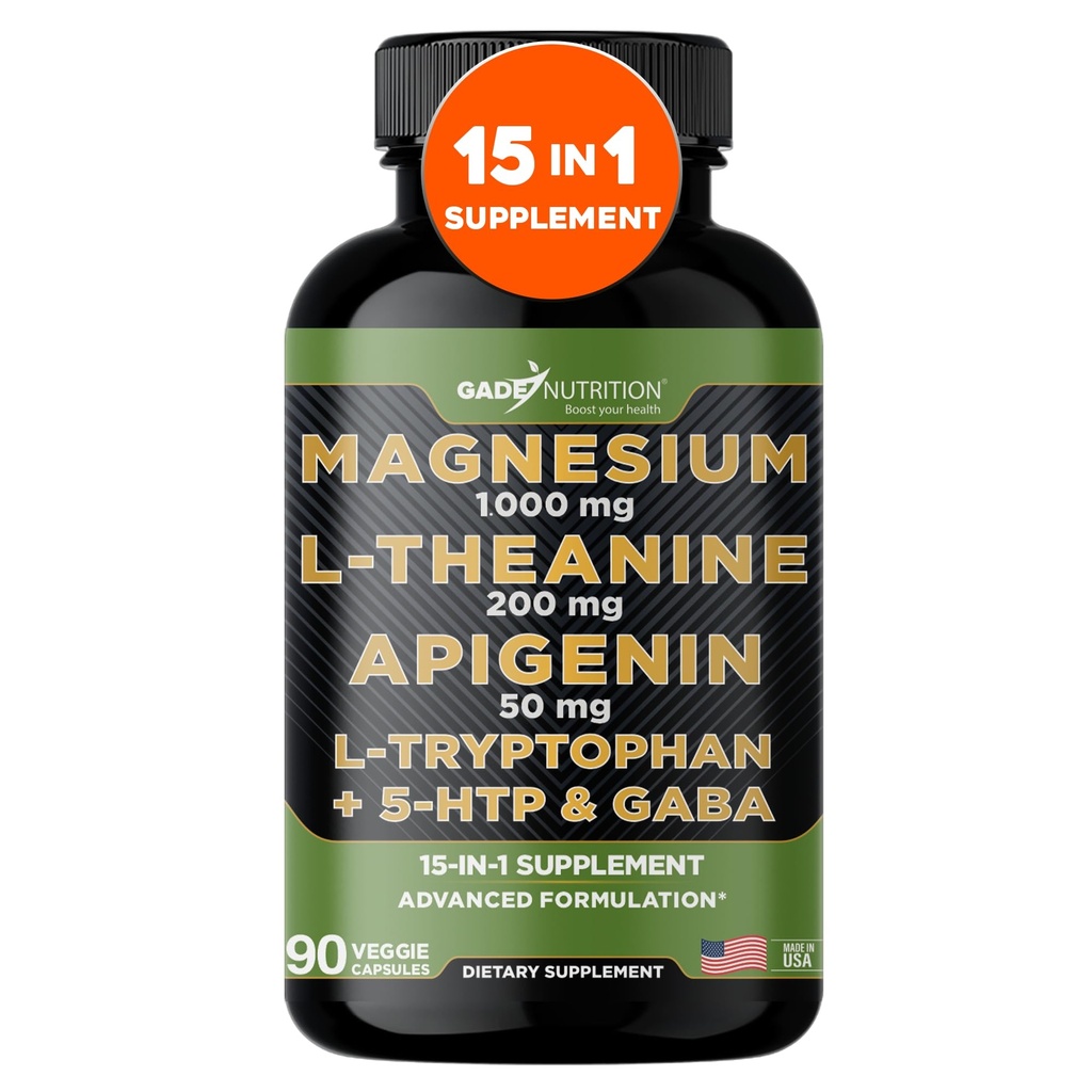 Gade Nutrition Magnesium Glycinate & Magneisum Suplemen dengan Apigenin, L Theanine 200 mg, 5 HTP, GABA Calm Brain Booster Supplemen Bantu Ashwagandha L Tryptophan