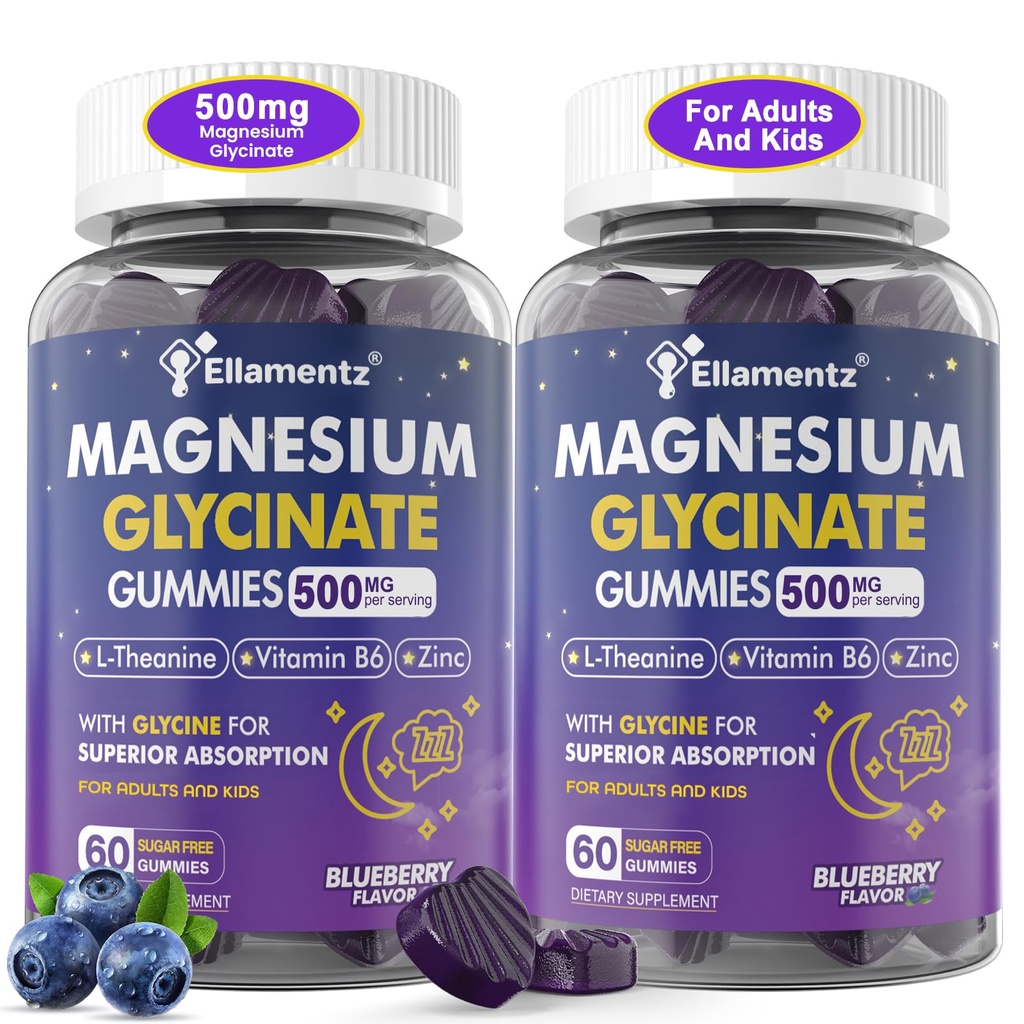 Magnesium Glycinate Gummies 500mg / 250mg untuk Teens Anak Dewasa, Sugar Free Magnesium Calm Aid, Anak-anak Sleep Gummies dengan L- Theanine Glycine B6 untuk Tenang, Muscle, Relax Brain, No Melonaciin, 2Pack
