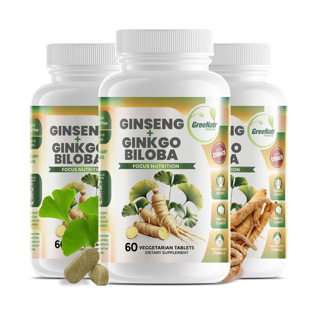 GreeNatr Ginko Biloba & Panax Ginseng Suplement - Red Ginseng Brain Suplemen untuk Memori dan Fokus - Ginkgo Biloba Suplemen untuk Good Vision, Simiune System dan Peningkatan Aliran Darah - 3 Botol