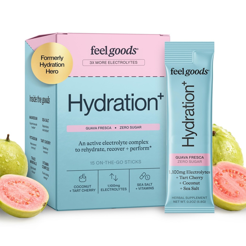 Feel Goods Hydration Hero, 1.000mg Electrolytes Powder, Sugar Free, Magnesium, Organic Coconut Water, L Theanine, Vitamin C & B12, Non GMO, Keto, Vegan, Electrolyte Packets 124; Guava Fresca, 15 Count