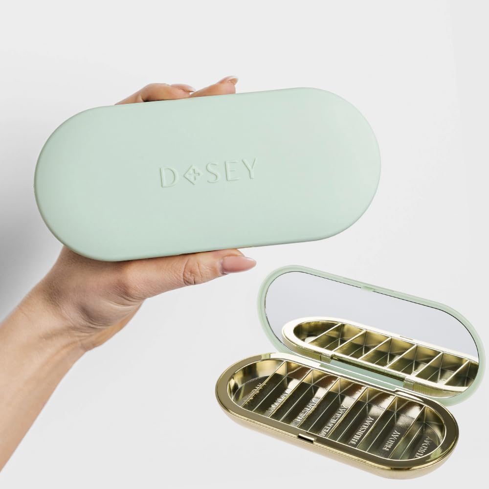 Dosey 7 Day Pill Compact Travel Pill Organizer - Pill Case with 7 Pill Comment for Medicine Storage & Protection - Stylish & Elegant Medication Organizer with Mirror, Sage