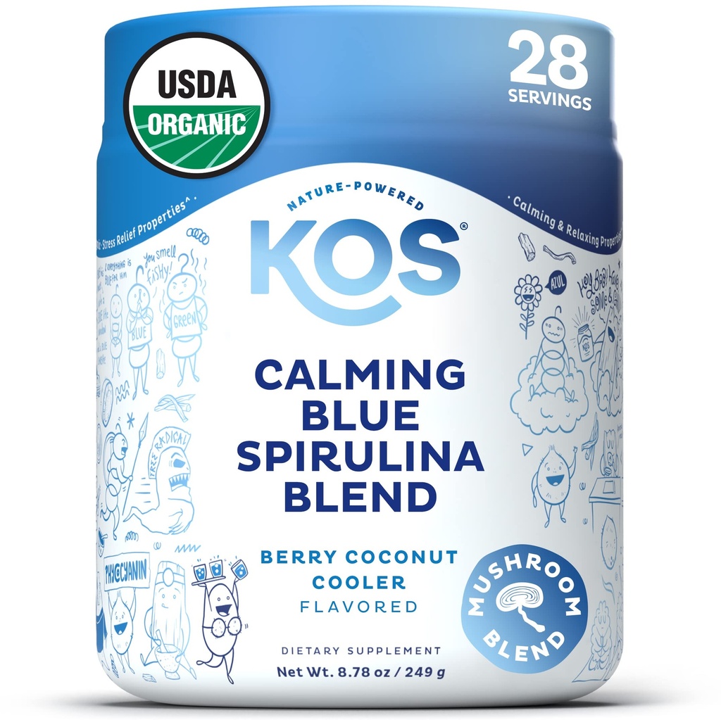 KOS Calming Blue Spirulina Blend- USDA Certified Organic - Algae Superfood Powder with Ashwagandha Root, Lemon Balm, Reishi Mushroom, B Vitamin - Berry Coconut Cooler Flavor, 28 Servis