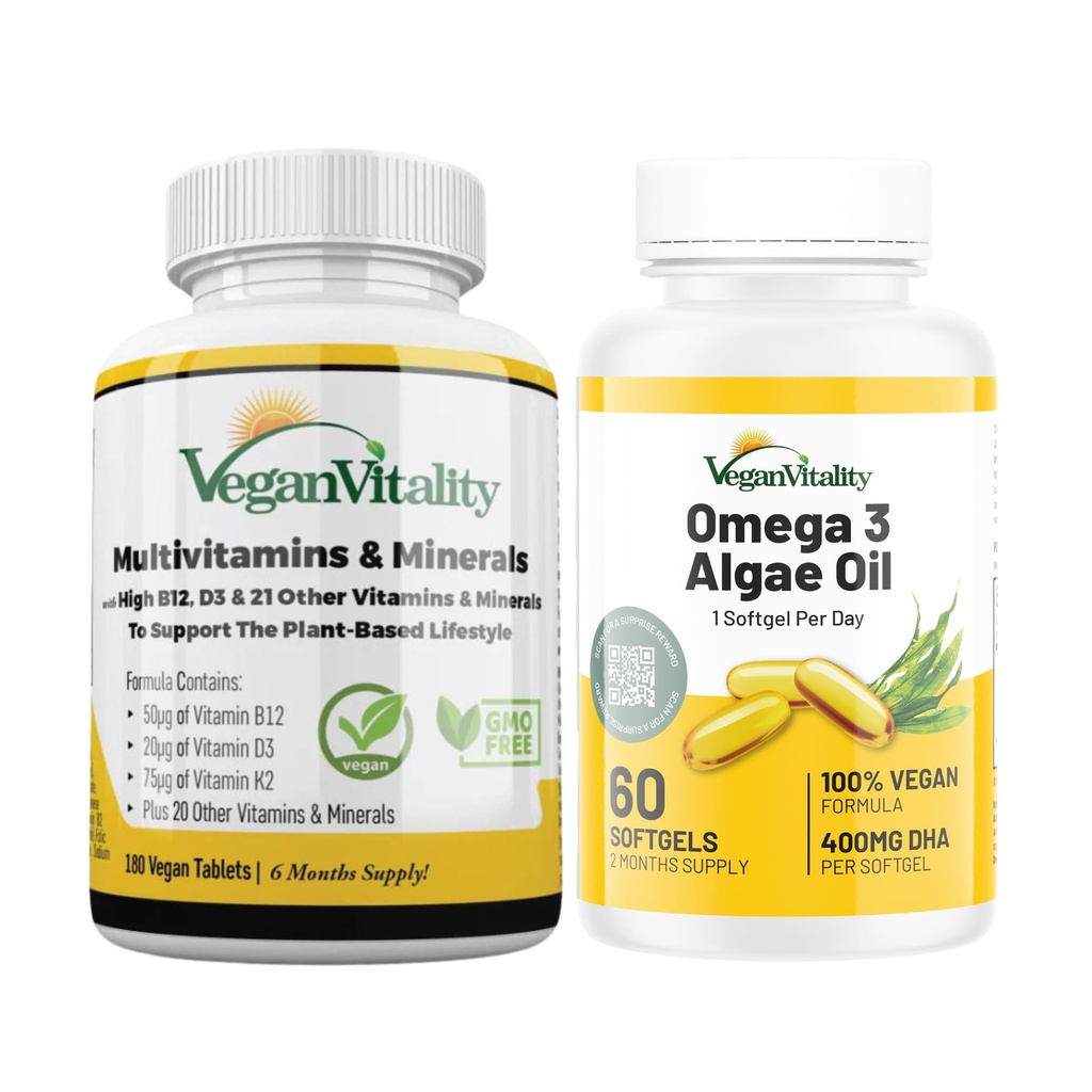 Vegan Vitalitas kekebalan Booster Bundle 6 bulan- Vegan Multivitamin dan Vegan Omega 3 Algae Oil.