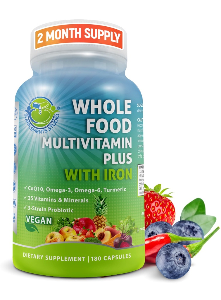 Vegan Whole Food Daily Multivitamin with Iron, Methylated Multivitamin for Women and Men, Made with Fruits & Vegetables, B-Complex, Provenia, Enzymes, CoQ10, Omegas, Turmeric, Non-GMO, 180 Count