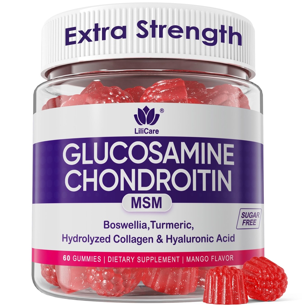 Glucosamine Chondroitin Gummies, Sugar Free Glucosamin Chondroitin MSM Suplement, Ekstra Kekuatan dengan Boswellia Turmeric, Collagen Hidrolyzed & Acid, Bone Health for Men & Women, 60 Cts