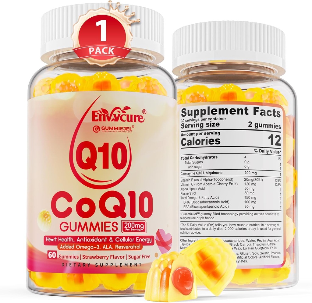 Sugar Free CoQ10 200mg Filled Gummies, 5X Better Absorpsi CoQ10 w / Resveratrol, Alpha Lipoic Acid, Omega- 3, Vitamin E, C, Coenzim Q10 untuk Cellular Energy, Heart, Brain, dan Antioksidant (1Pack)