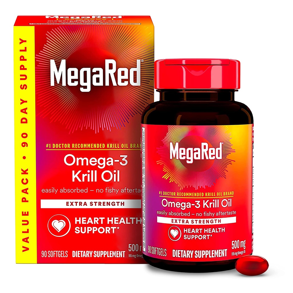 MegaRed Antartika Krill Oil 500mg Omega 3 Acid Attery Suplement, EPA & DHA Krill Oil Softgels (90cnt Box), Astaxanthin, Persediaan Kesehatan Jantung dengan Tanpa Rasa Minyak Ikan