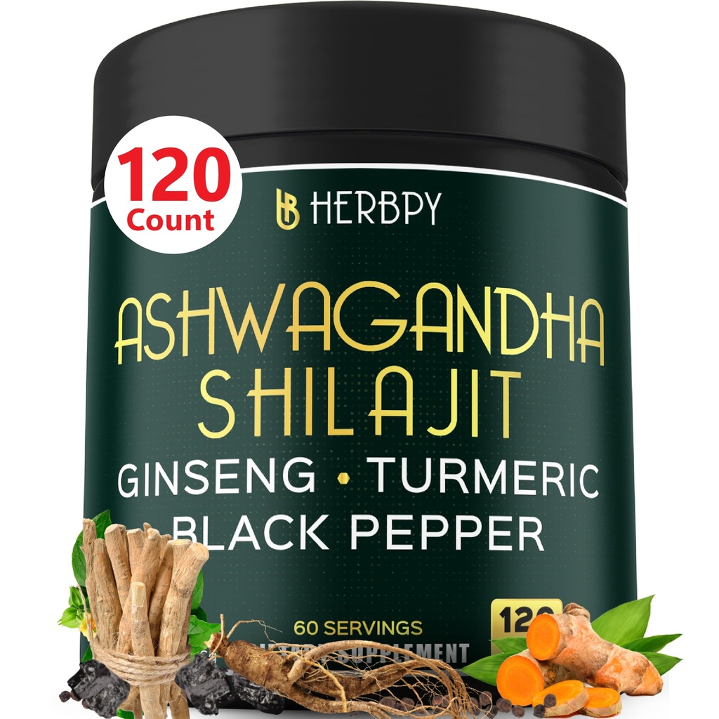 5in1 Ashwagandha Ekstra Kekuatan dengan Shilajit untuk Stamina, Energi & Relaxation Dukungan - Plus Ginseng, Turmeric Root & Black Pepper - 120 Cacah