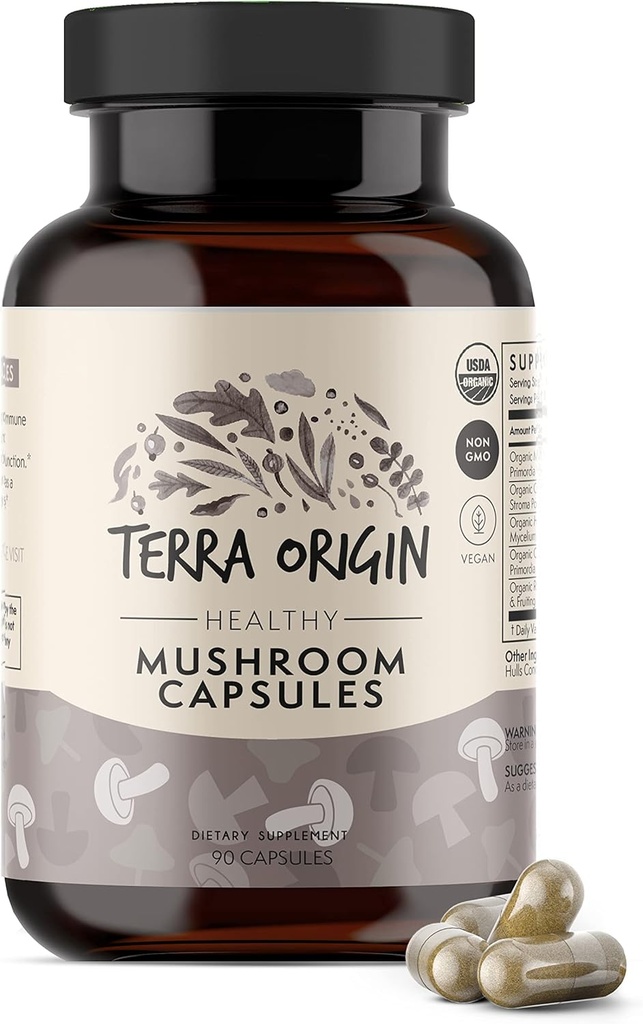 TERRA ORIGIN Kompleks Mushroom Heally Suplemen 124; 90 Capsules 124; Reishi, Lions Mane, Changa, Cordyceps, Maitake 124; Imune & Nootropic Brain Dukung 124; Sertifikasi USDA Organik, Non GMO, Vegan