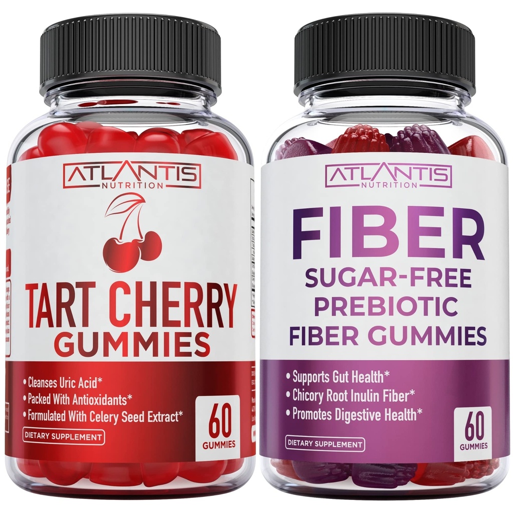 Atlantis Nutrition Tart Cherry 60 Gummies + Sugar Free Prebiotic Fiber Gummies untuk Dewasa 2-Pack (120 Gummies)