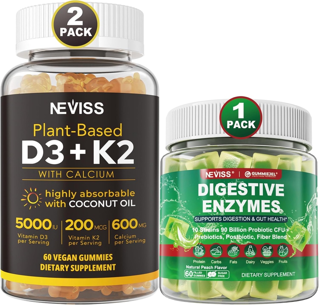 NEVISS Vitamin D3 5000iu & K2, Calcium Gummies & Digeptical Enzymes Gummies