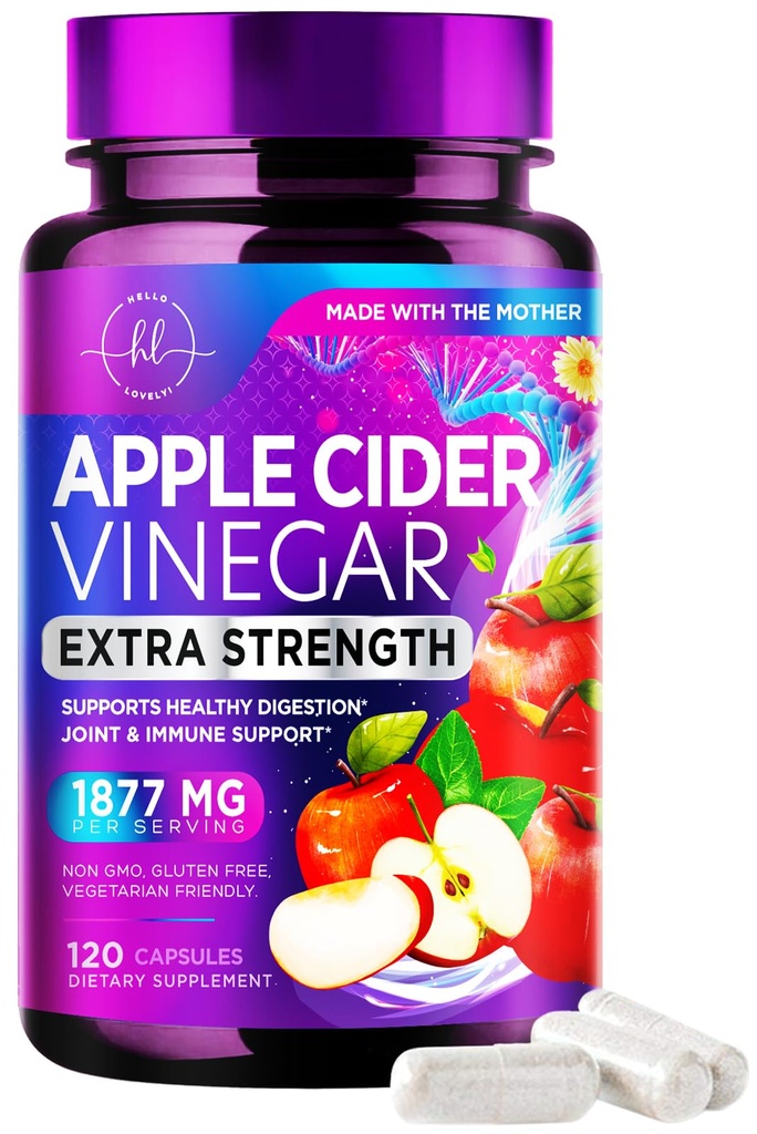 Apple Cider Vinegar Capsules 1877mg - Extra Kekuatan ACV Pil Vitamin D3 & Zinc - Pil Vinegar Apple untuk Diboth, Dukungan Energi & Imune, GMO Non, Botol di AS - 120 Kapsul