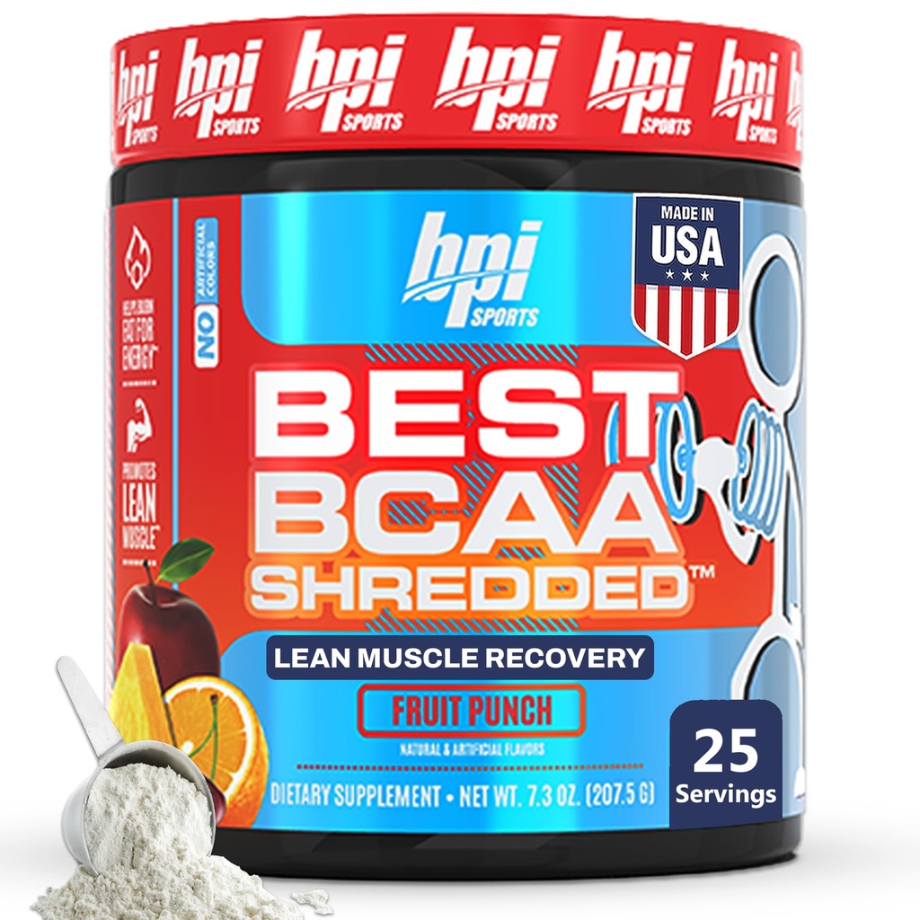 BPI Sports Best BCAA Shreded - Caffeine Free Thermogenic Recovery Dine, Lean Muscle Building BCAA Powder for Women, Pretraining BCAas Acids Drink - Fruit Punding - 25 Service