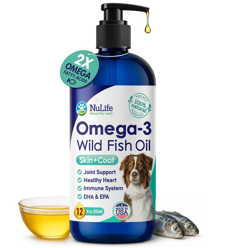 Liquid Fish Oil for Dogs with Omega 3, 6 & 9 Fatty Acids, Wild Caught from Islandia, Skin and Coat Suplement for Shedding, Itchy Skin, Allergies, Brain Heart Health, Rich in EPA + DHA - 12 oz
